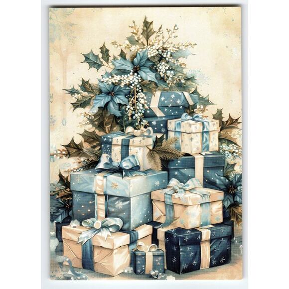 Vintage Christmas Tree Postcard Blue Gift Boxes & Holly Printed Litho 5.5x4" - Picture 1 of 2